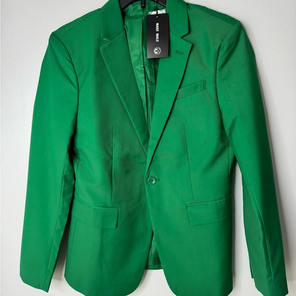 Mage Male Size XS Men's Green 2 PC Pants Suit Front Button Jacket Striped Tie